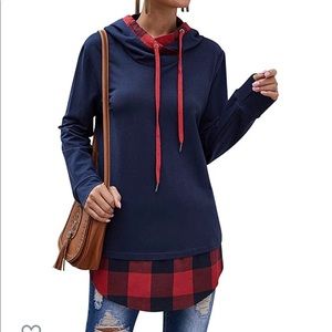 Woman’s plaid long sleeve top with hoodie.